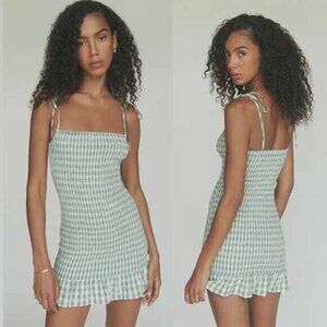 NWT Reformation Gemini Check Tie Strap Ruffle Hem Smocked Mini Dress Green